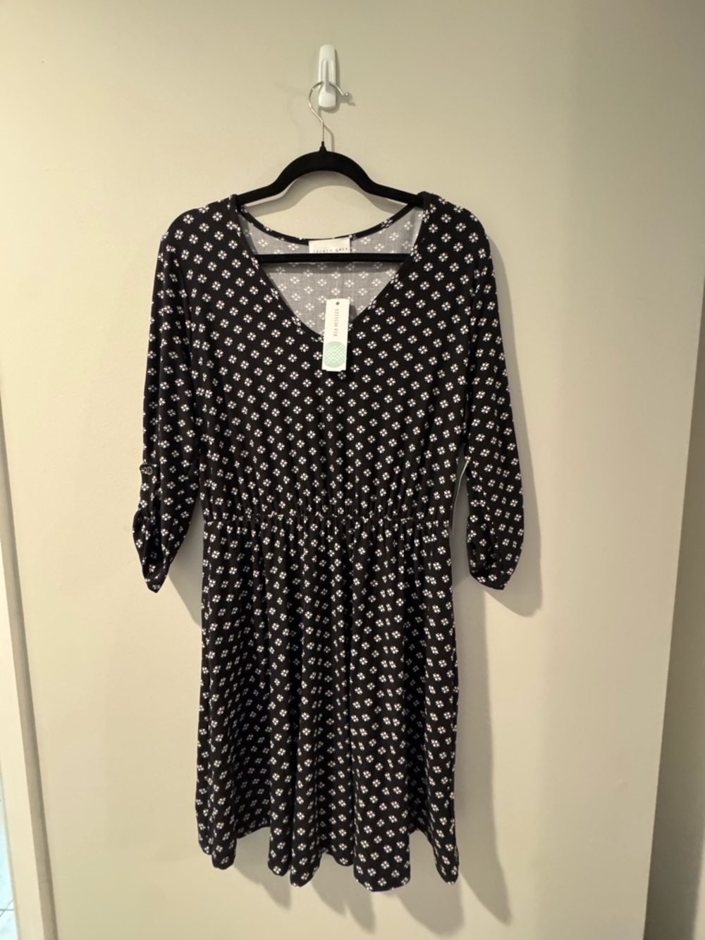 French Grey Black Floral V-Neck Long Sleeve Dress
